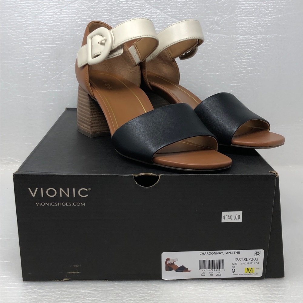 NEW Vionic Heels Chardonnay Tan Black Cream Leather Block Heel Adjustable Strap - Picture 13 of 13